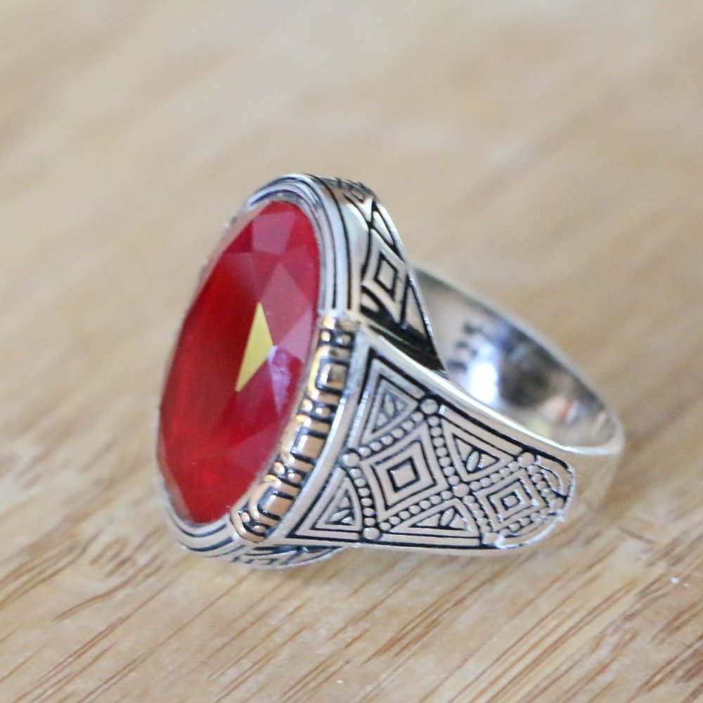 925 Sterling Silver Men's Ring with Red Cubic Zirconia